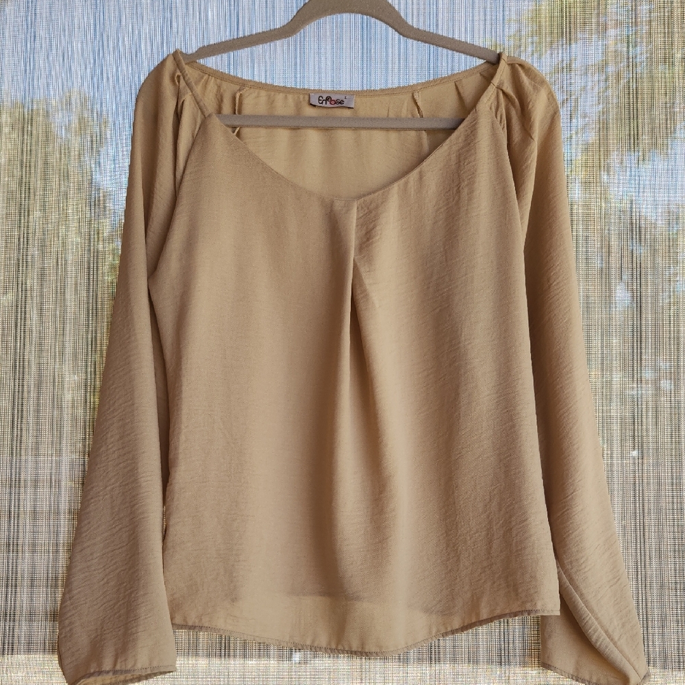 Tan Relaxed V-Neck Blouse with Full Sleeves